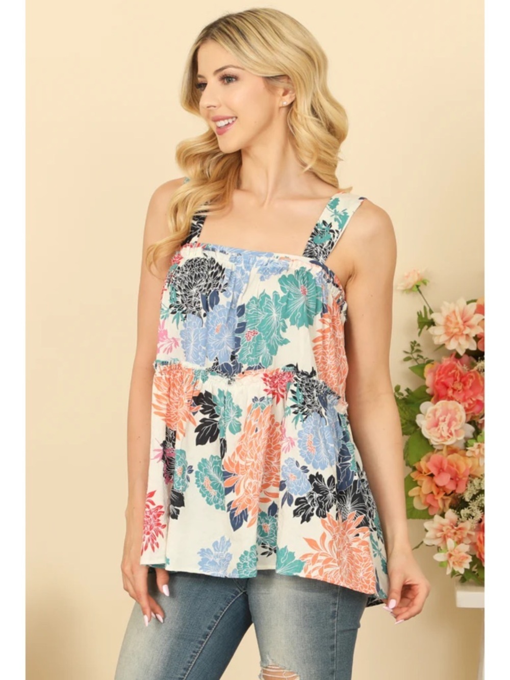 Easel Wide Strap Ruffle Tiered Floral Babydoll Top Raw Hem Cotton Size S Boho